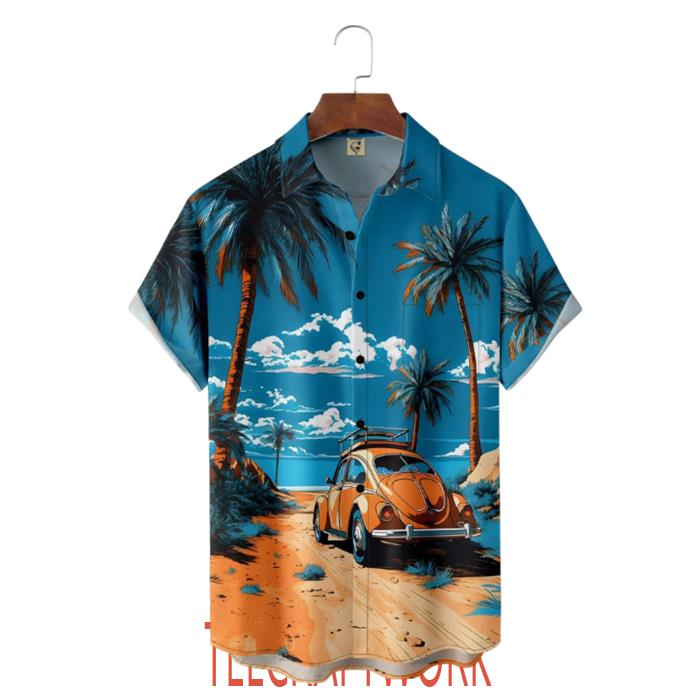 Beachside Vintage Car Blue Sky And Coconut Tree Hawaiian Shirt