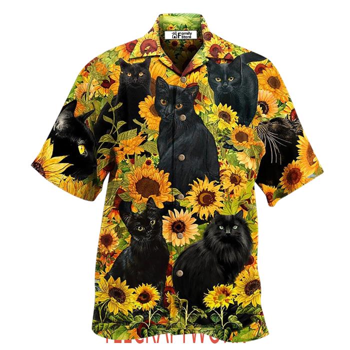 Black Cat Love Sunflower Hawaiian Shirt