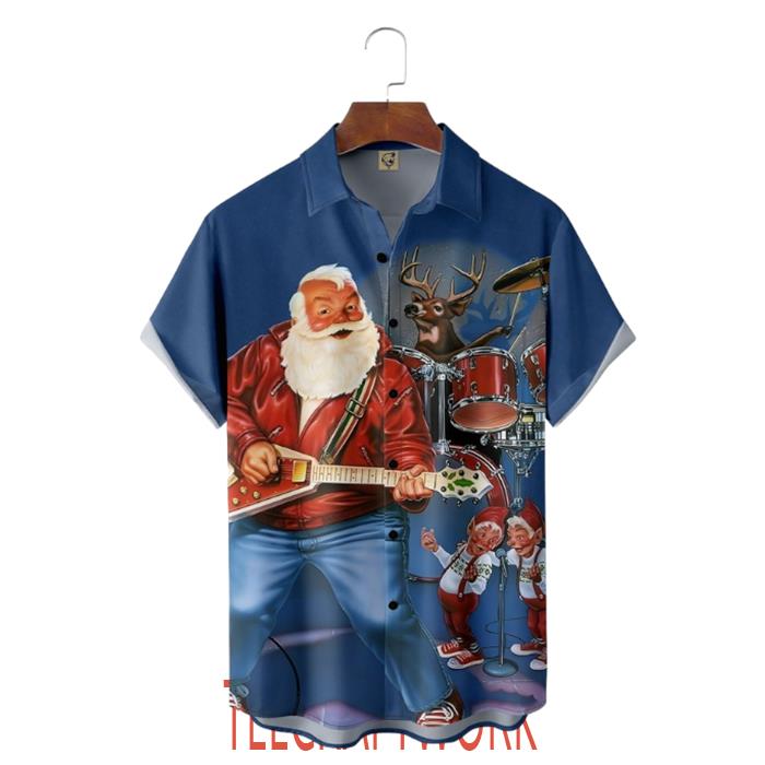 Christmas Santa Is Playing Music Guitar Drum Hawaiian Shirt