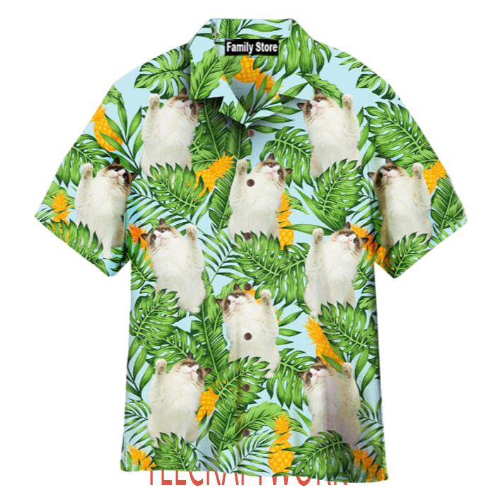 Funny Cat Raising Paw Pineapple Tropical Custom Hawaiian Shirt