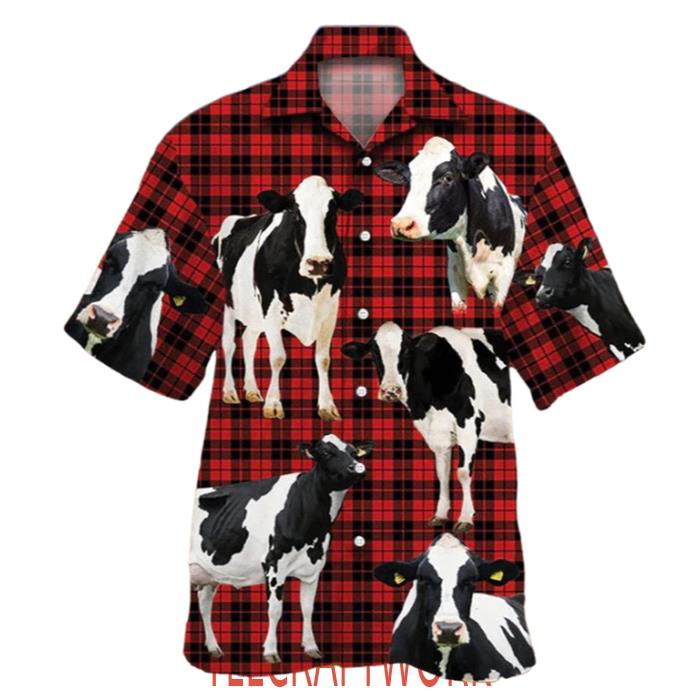 Holstein Friesian Cattle Lovers Red Tartan Pattern Hawaiian Shirt