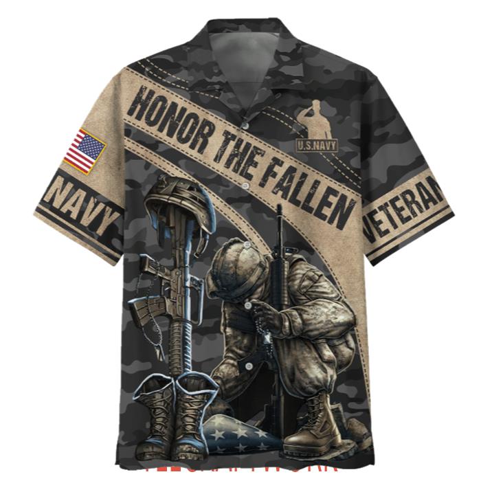 Honor The Fallen Kneeling Soldier And Gun U.S Navy Veteran Hawaiian Shirt