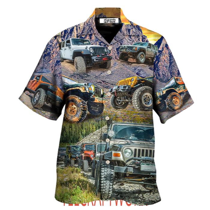 Jeep In The Mountain Sunset Vintage Art Style Hawaiian Shirt