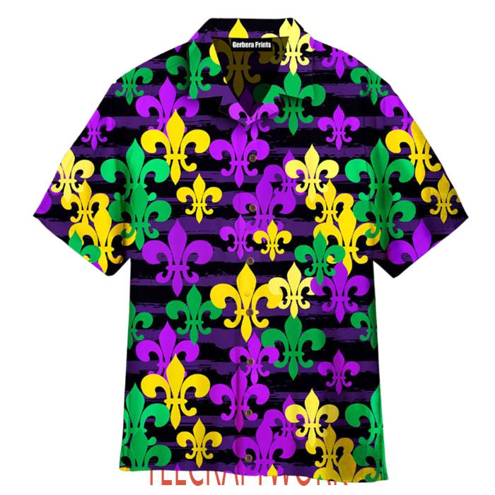 Pattern Mardi Gras Fleur De Lis Pattern Purple Yellow And Blue Hawaiian Shirt