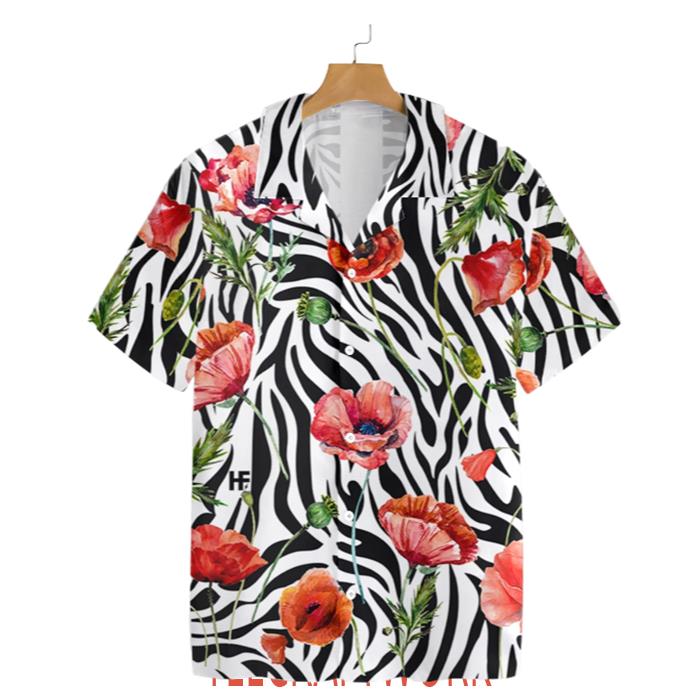 Poppy Zebra Watercolor Painting Art Hawaiian Shirt