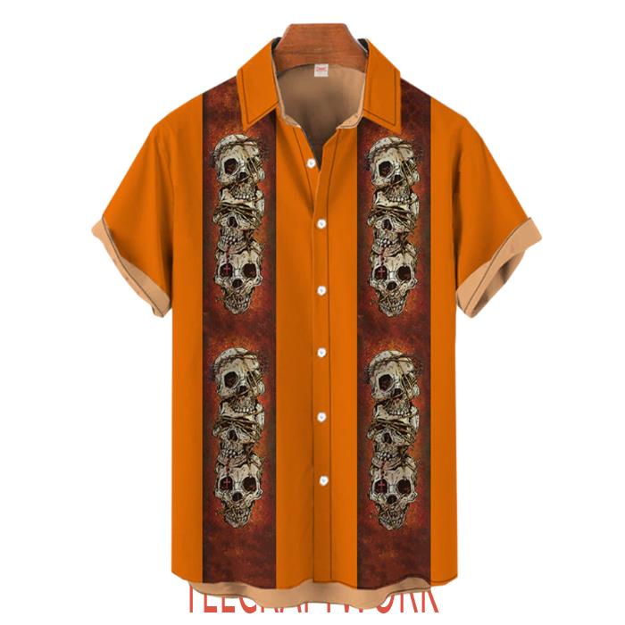 Retro Orange Striped Skull Skewers Hawaiian Shirt