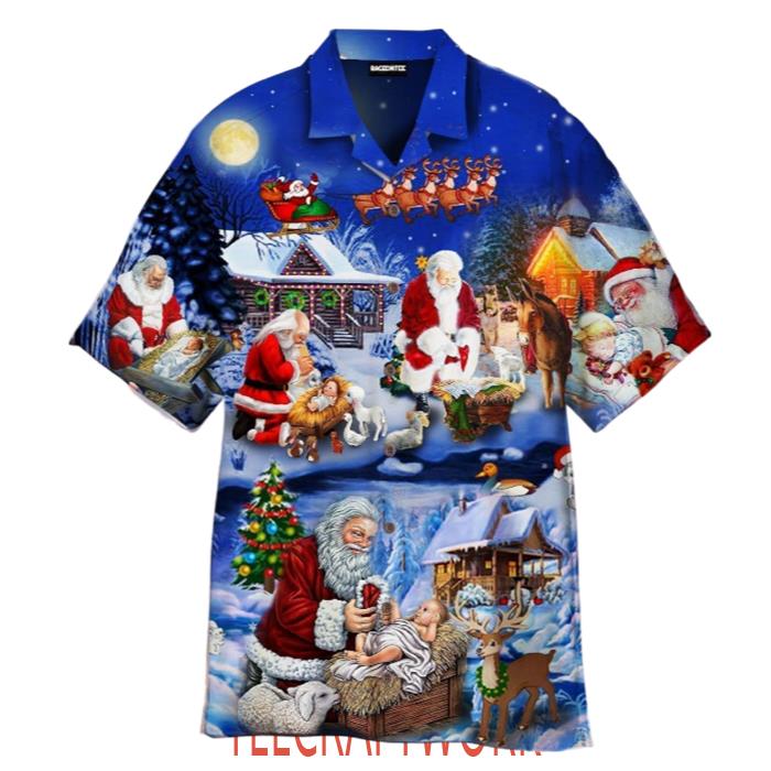 Santa Adoring Baby Jesus Hawaiian Shirt