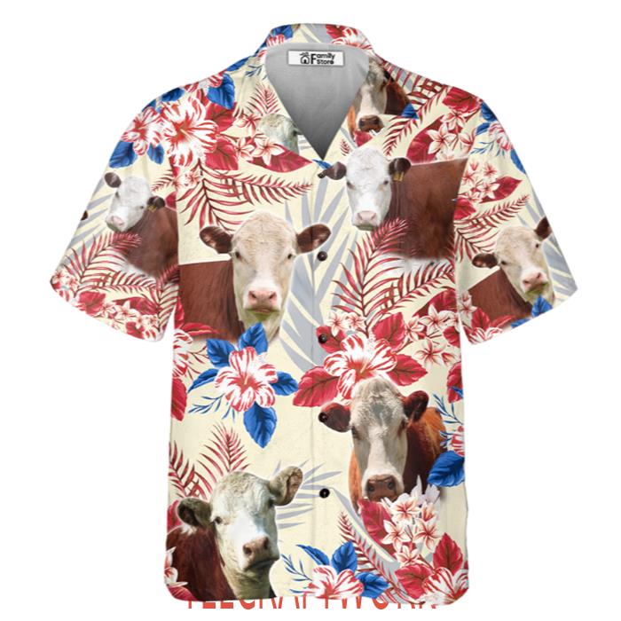 Unique Hereford Cattle Texas Flag Flowers All Over Printed 3D Hawaiian Shirt